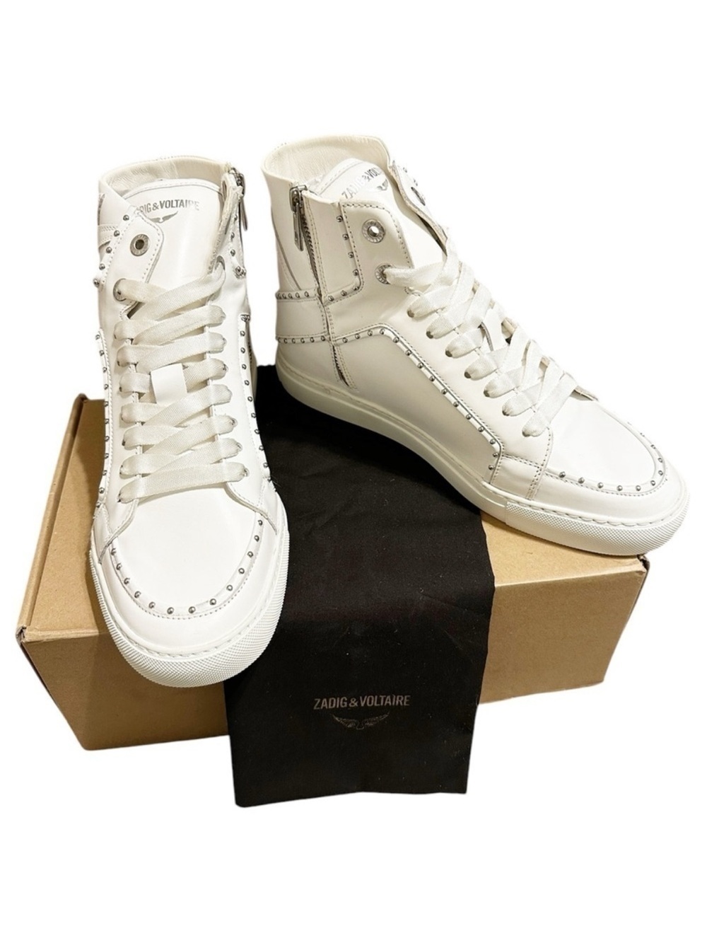 NIB ZADIG & VOLTAIRE High Flash Sneaker Studded High Top White Leather 41 US 10